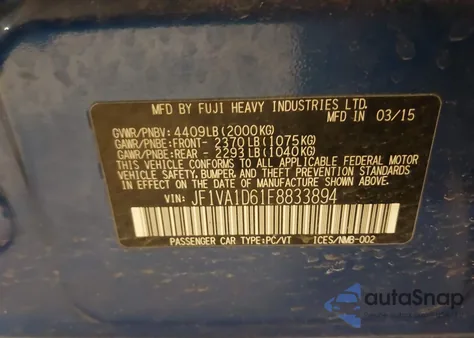 2015 Subaru Wrx Premium z USA, uszkodzony, nr VIN JF1VA1D61F8833894